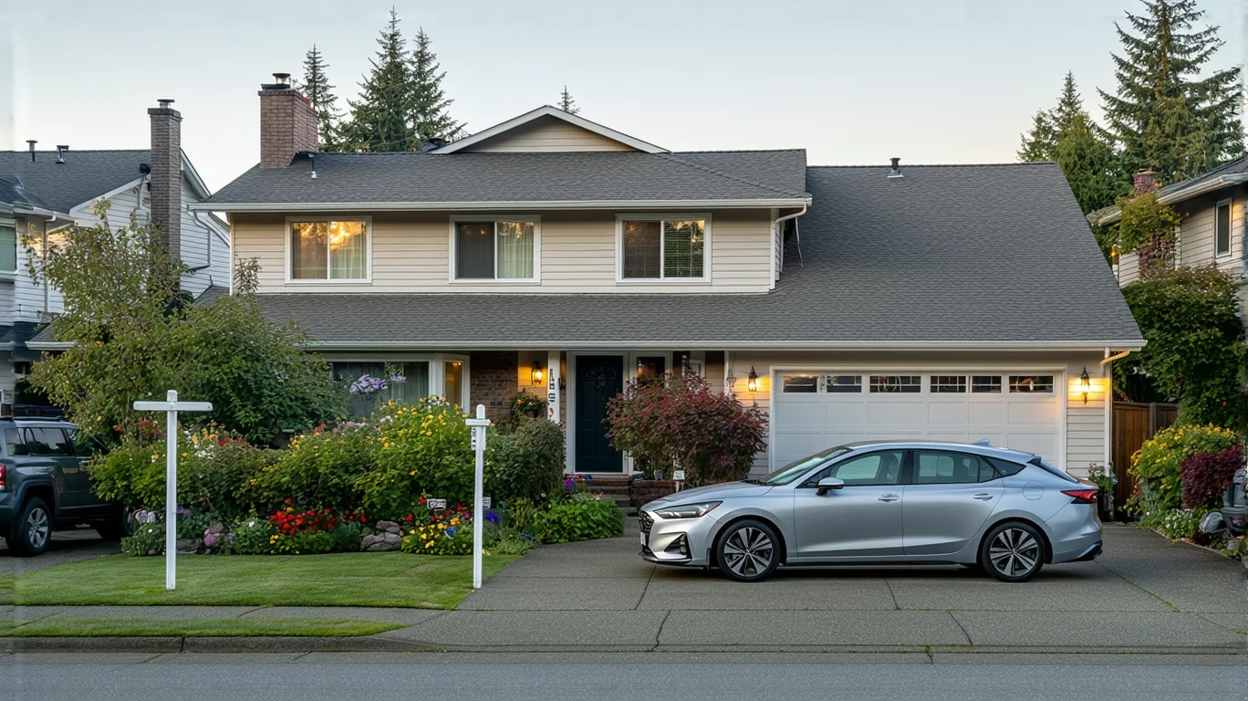 Craftsman home in Auburn, Washington with a woman using laptop visible through the window