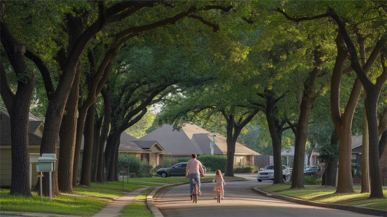 A tree-lined sidewalk in a Garland neighborhood with a father and daughter riding bikes.