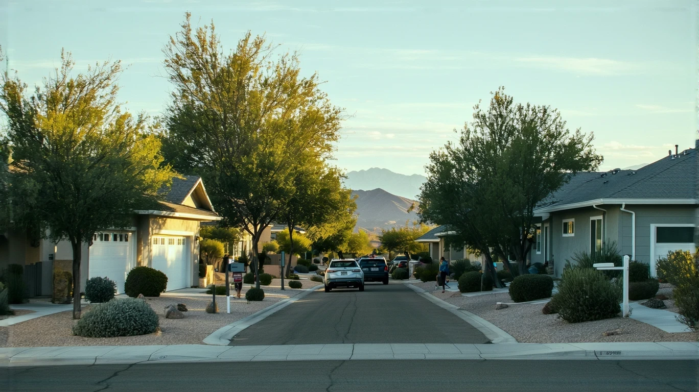 A quiet street in Blue Diamond, Nevada with modest stucco homes, xeriscaped yards, a few parked cars, and a woman walking her dog on the sidewalk under a sunny sky.