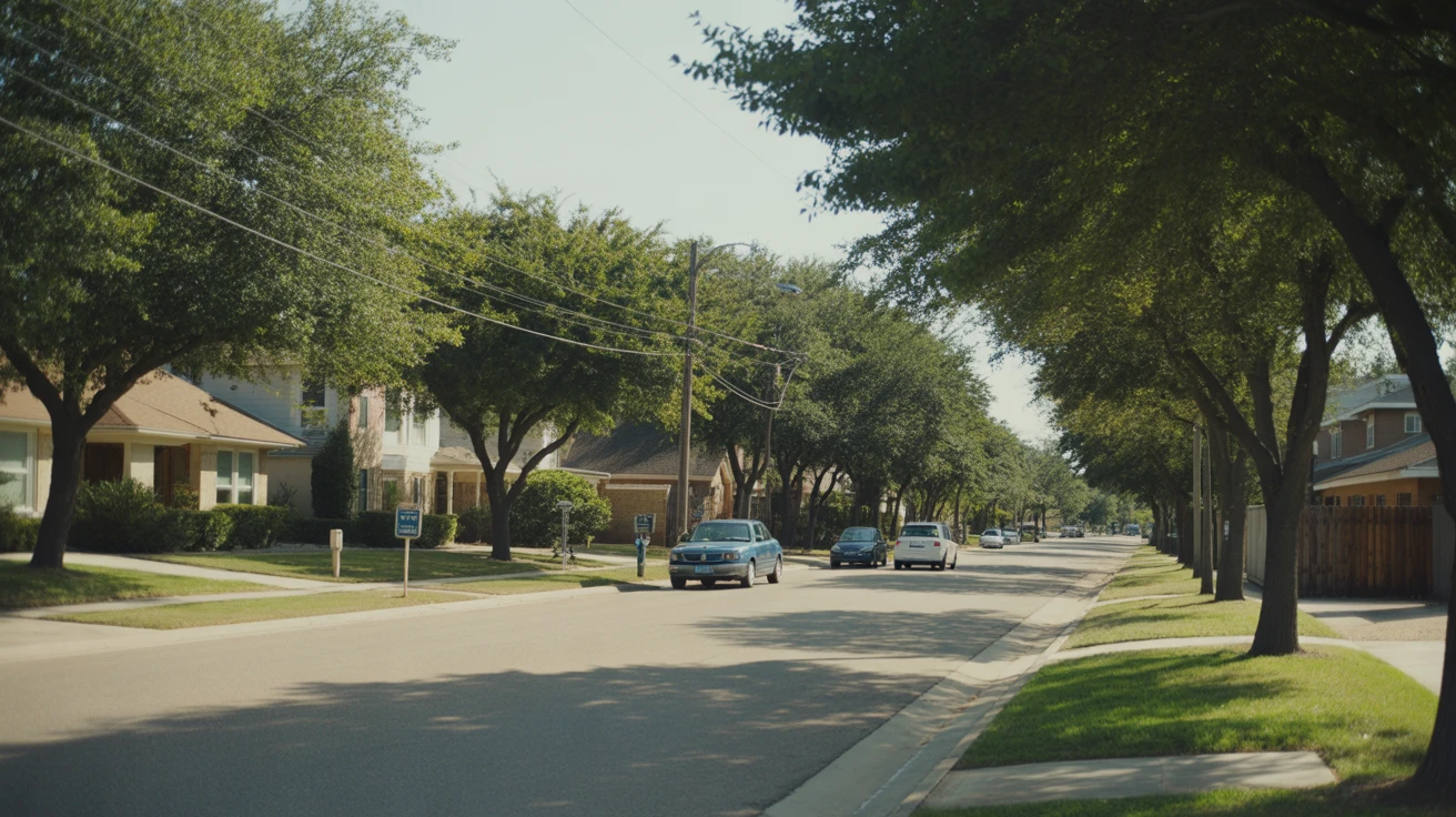 A peaceful suburban street in Allen, Texas lined with modern single-family homes and cars parked in driveways.