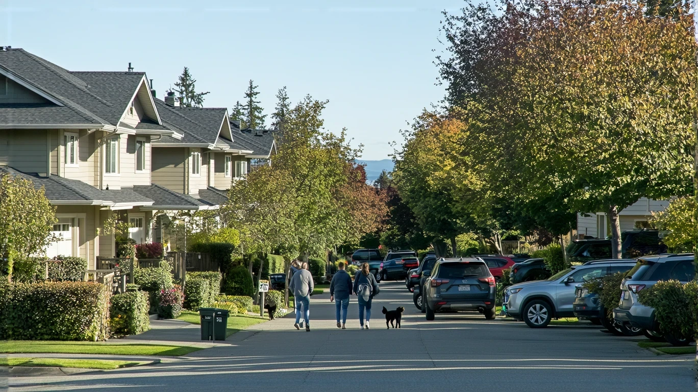 A couple walking their dog on a sidewalk in a residential Shoreline neighborhood with craftsman-style homes and a parked SUV.