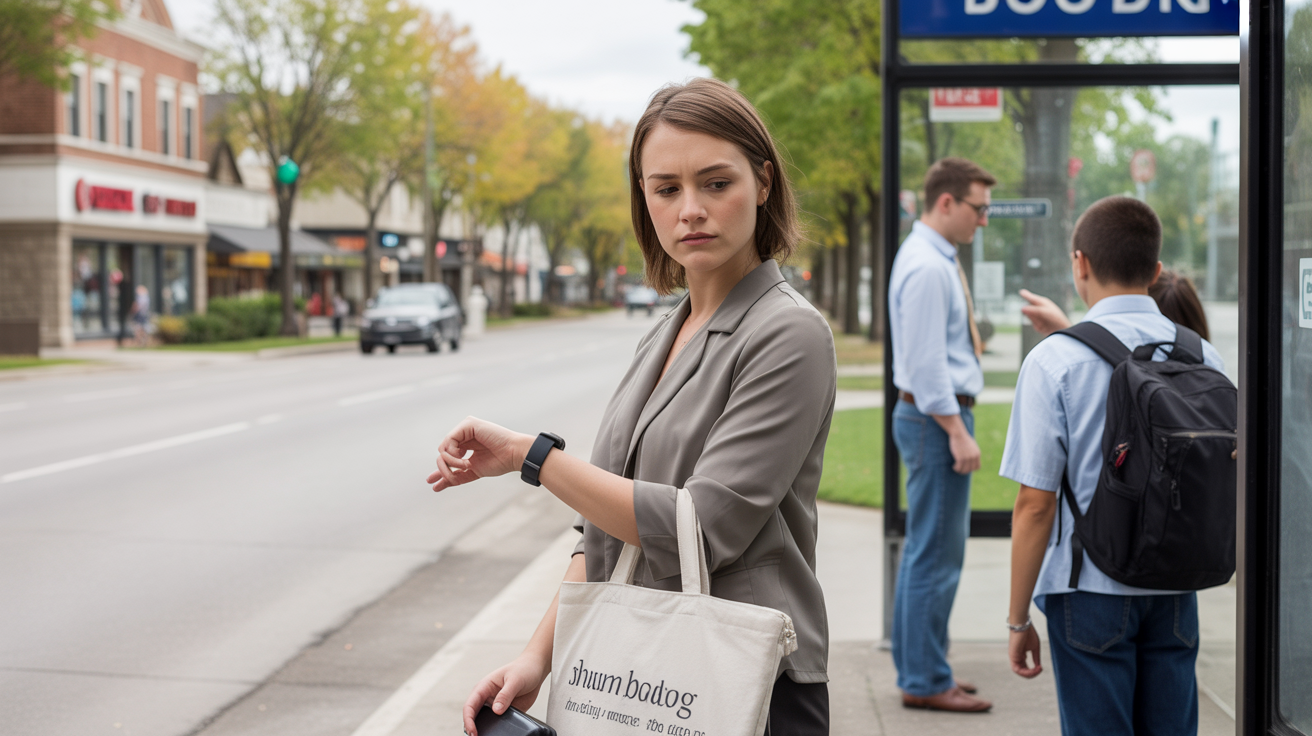 A young woman waiting for the bus near shops in Schaumburg, IL