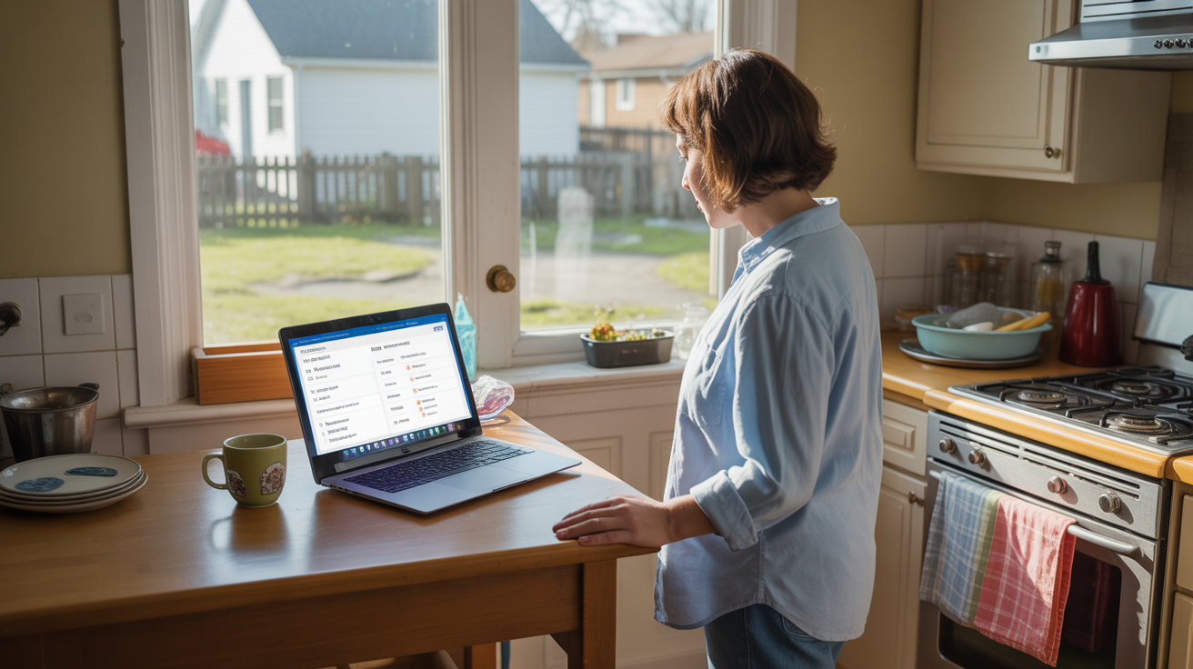 A laptop open to internet speed test results on a kitchen table, with coffee mug beside it.