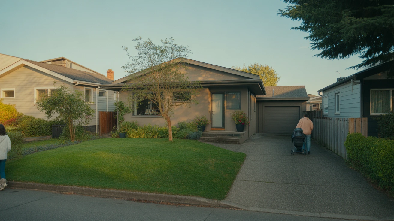 A well-kept modern home with attached garage and manicured lawn on a residential Seattle street.
