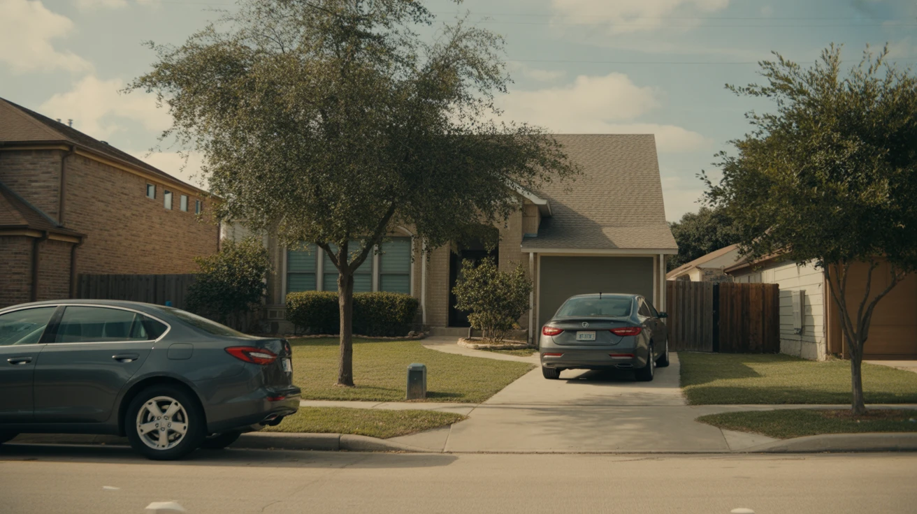 Exterior view of a modest single-family home with a small front yard and driveway on a quiet suburban street in Allen, Texas.