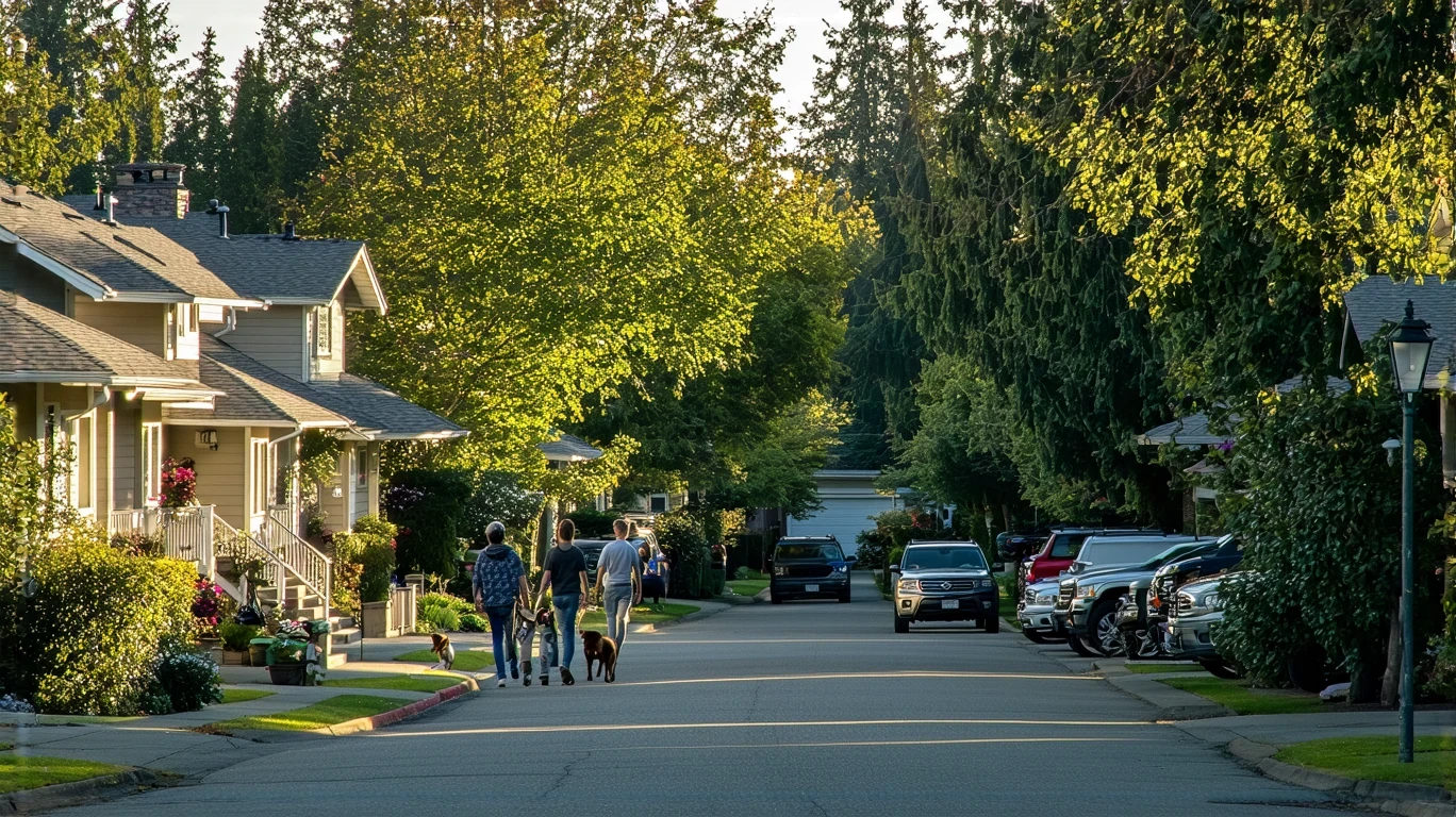 A residential street in Federal Way, WA with craftsman homes, a couple walking a dog, and evergreen trees