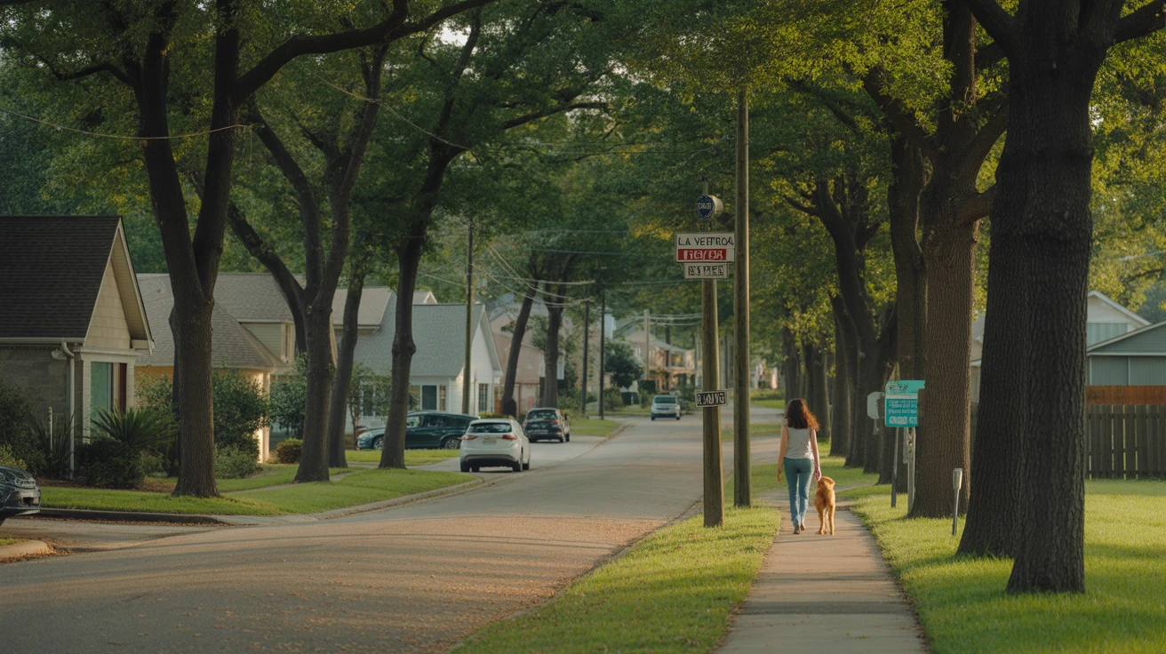 A tree-lined suburban street in La Vergne, TN with a woman walking her dog on the sidewalk