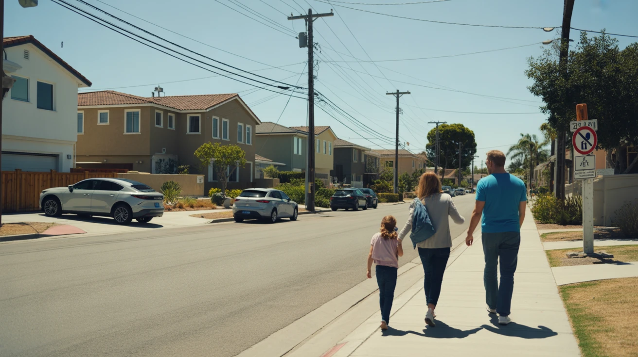 A sunny residential street in Chula Vista, CA with modern homes, electric vehicles, and a young family walking on the sidewalk.