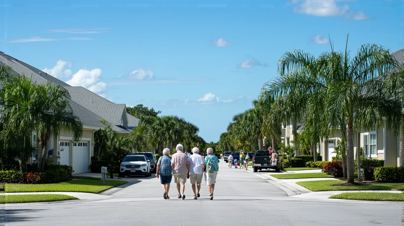 A sunny residential street in St Petersburg, Florida, with stucco homes, palm trees, and retired couple walking on sidewalk.
