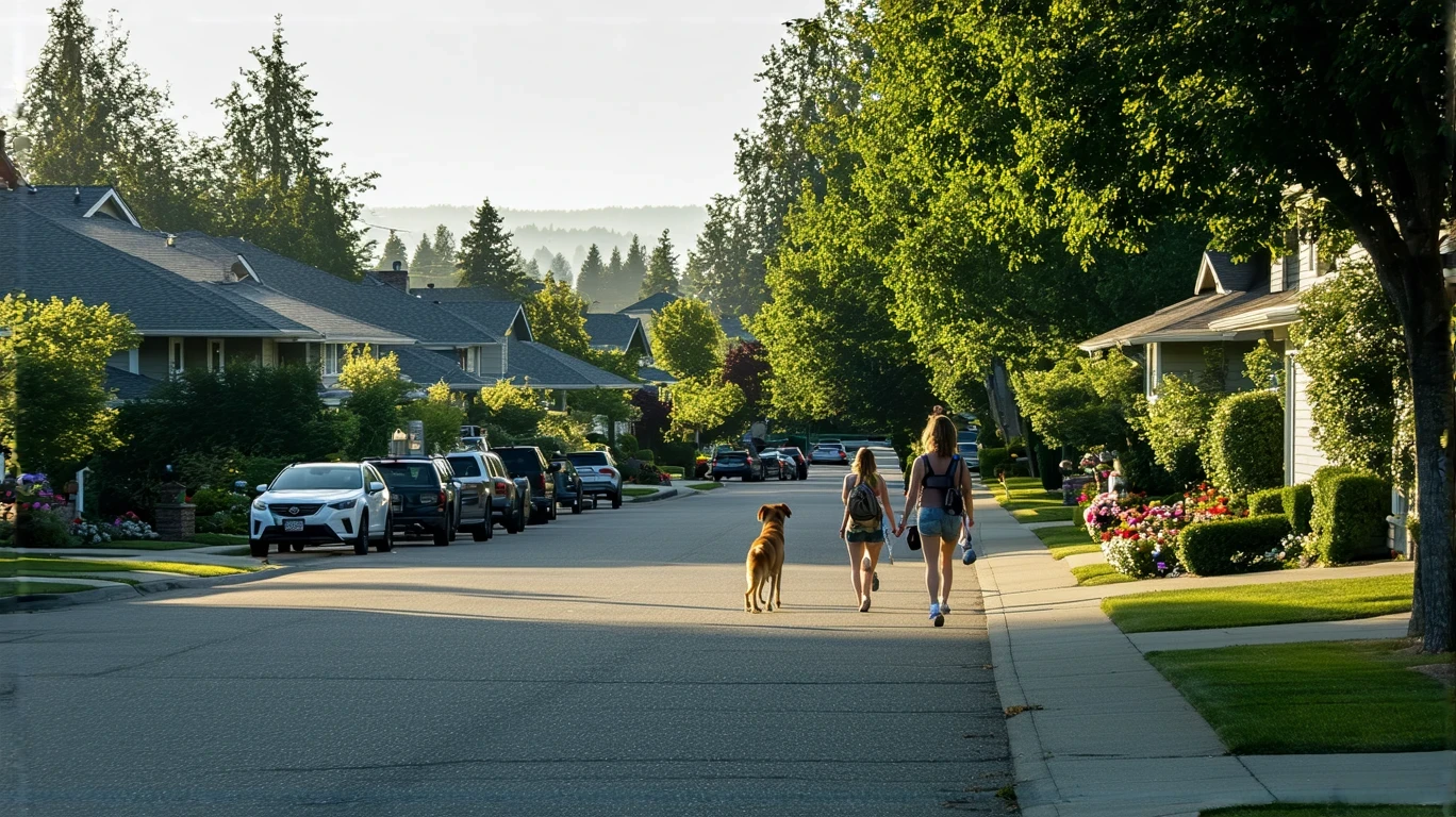 A residential street in Auburn, WA with craftsman homes, a woman walking her dog, and a neighbor watering their lawn on a sunny day.