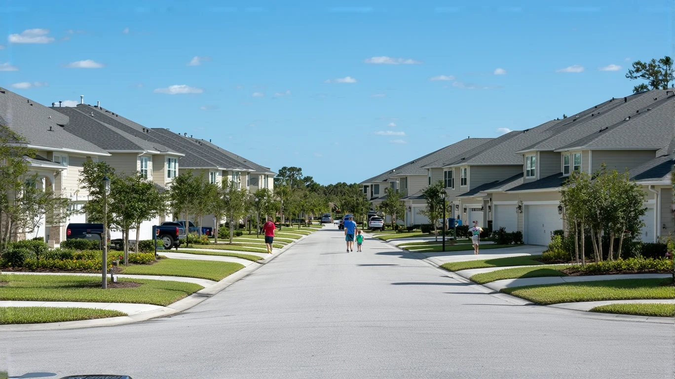 A sunny suburban street in Wesley Chapel, Florida lined with well-kept stucco homes and featuring a young family walking on the sidewalk.