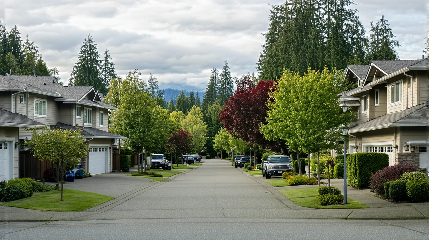 A peaceful suburban street in Sammamish, WA lined with well-kept craftsman homes and parked cars.