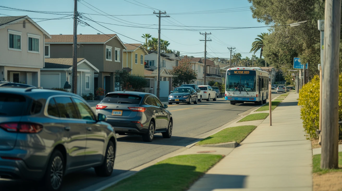 A residential street in Vista, California with modest homes, parked cars, and an NCTD bus driving by in the distance.