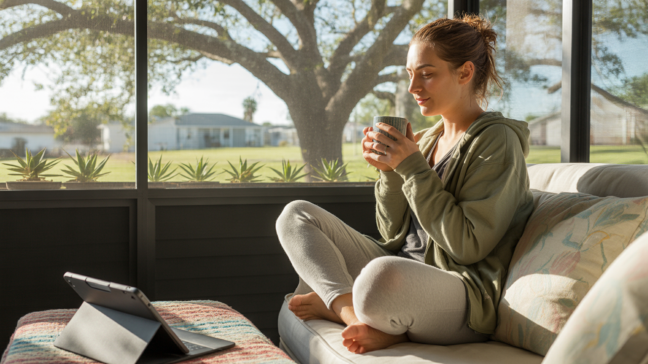 Woman drinking coffee on her screened-in porch in Plant City, FL with a tablet beside her
