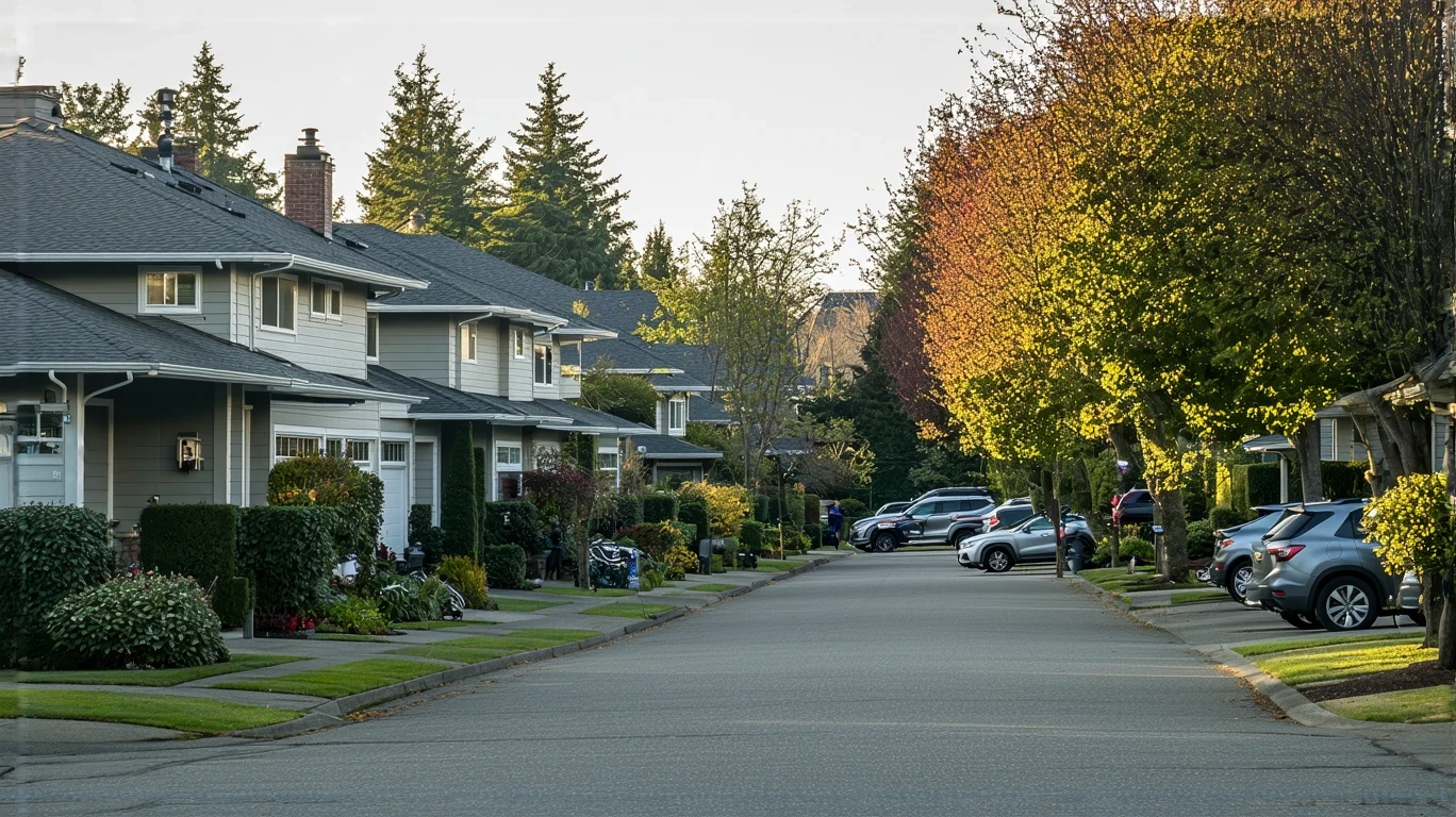 A suburban street in Shoreline, WA lined with craftsman-style homes and tidy landscaping on a sunny day.