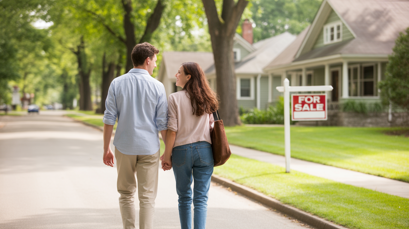 Couple admiring a home for sale in a quiet Lyndon, Kentucky neighborhood