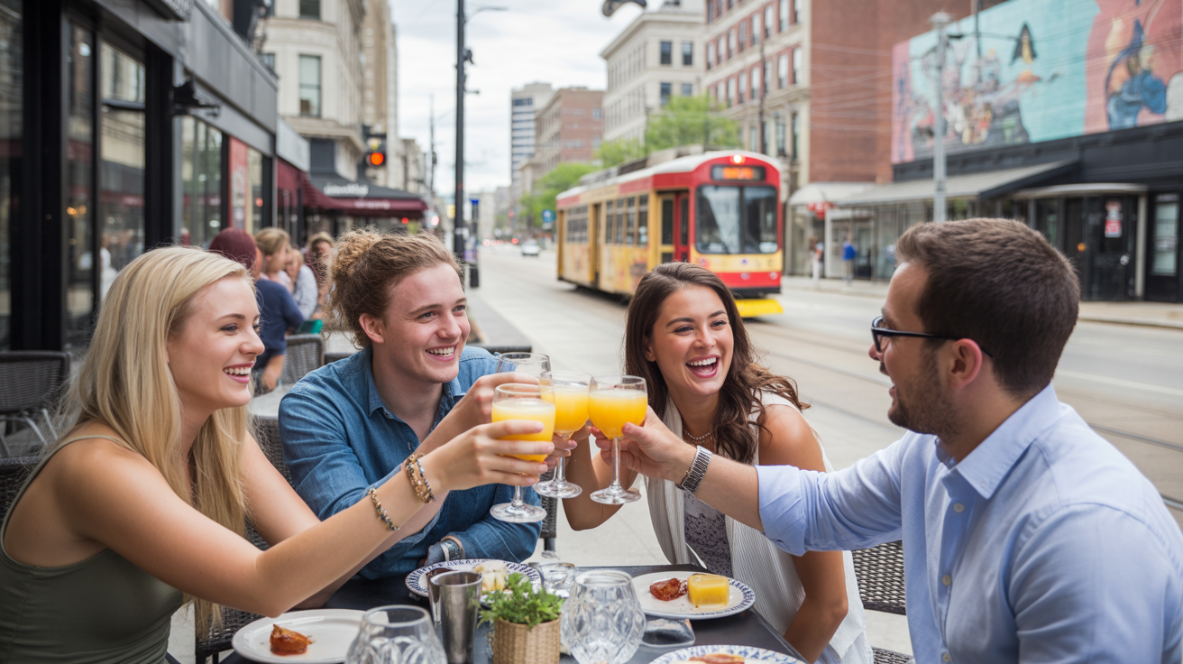 Friends enjoying brunch on a lively outdoor patio in Louisville, Kentucky