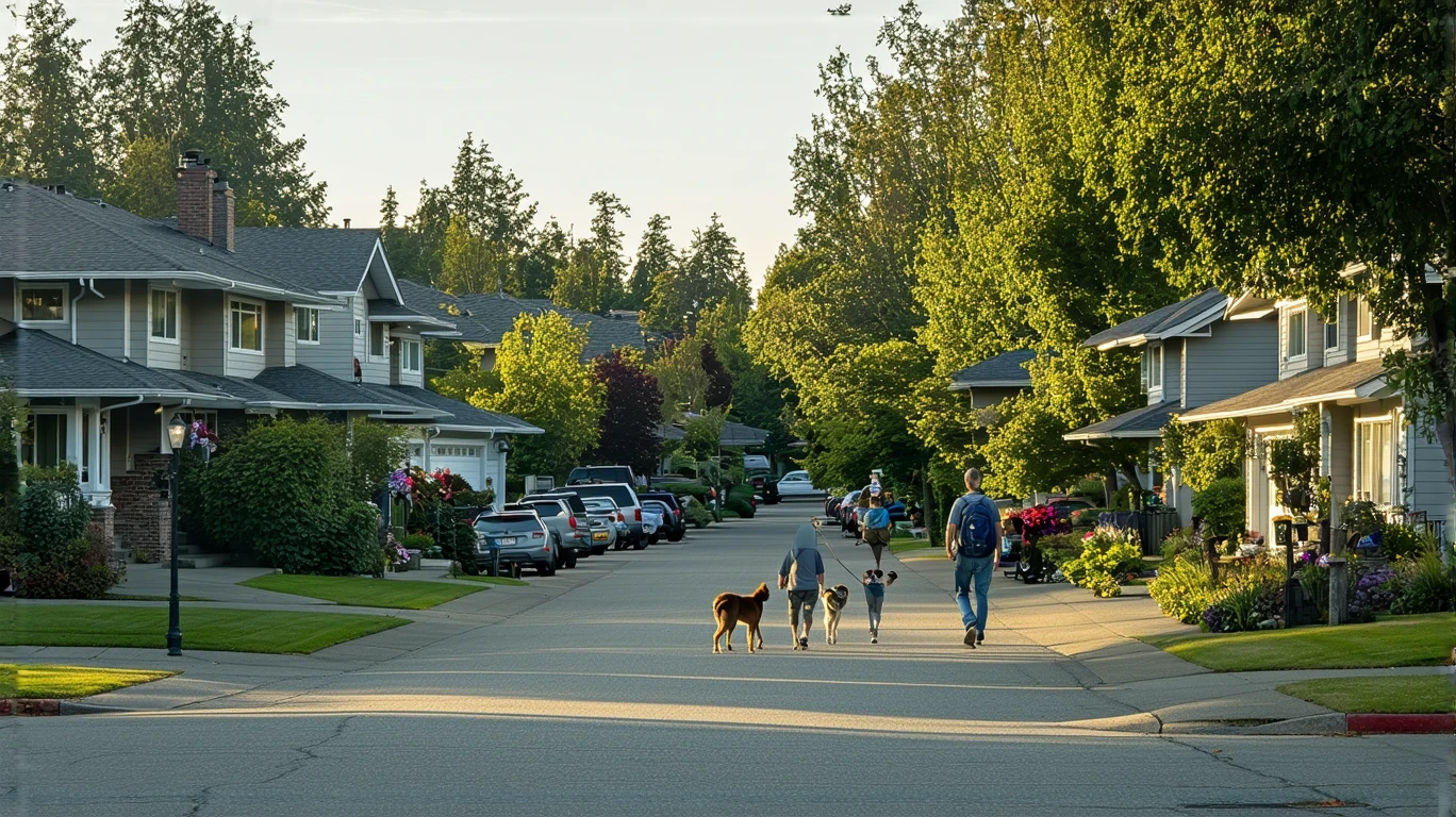 A sunny suburban street in Everett, WA with craftsman homes, a couple walking their dog, and a neighbor gardening.