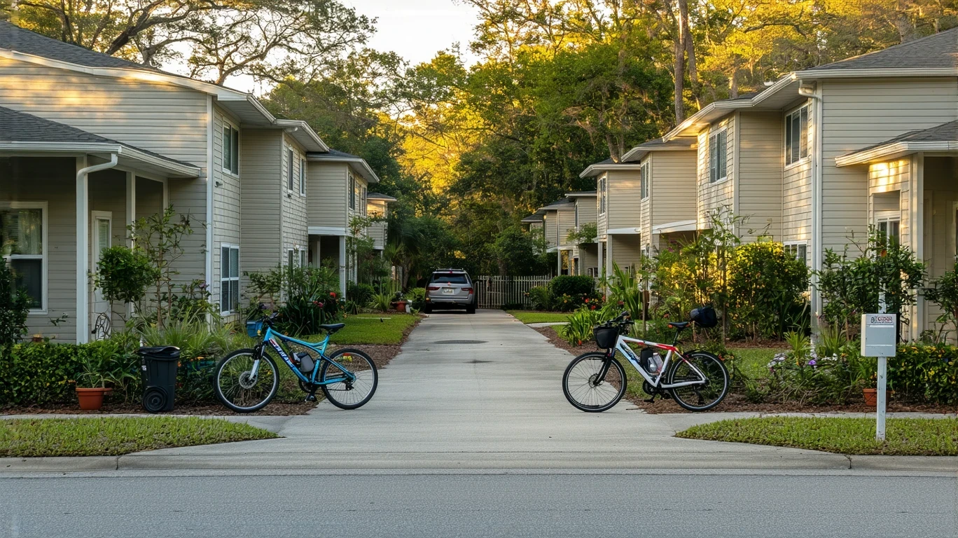 Exterior view of a small apartment building in Lutz, Florida with bikes near the entrance