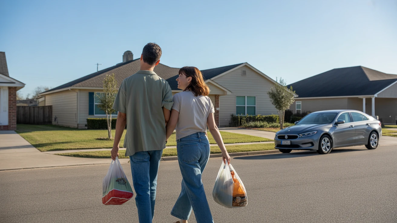 A couple carrying groceries up the driveway of their suburban home in Cypress, Texas on a sunny day.