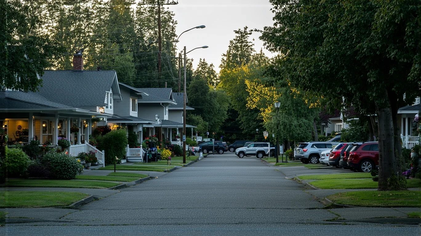Quaint storefronts on a Shoreline, WA neighborhood street at dusk, with empty patios and planters.