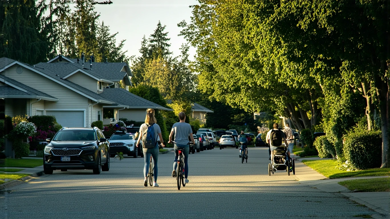A college-aged woman walks her bike up the sidewalk of a quiet, tree-lined street in Federal Way, Washington.