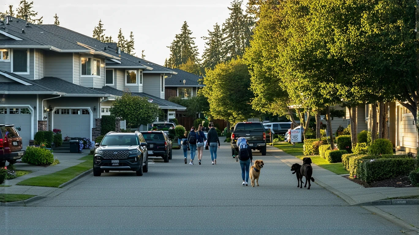 A peaceful suburban street in Federal Way, WA with craftsman-style homes and a couple walking their dog on the sidewalk.