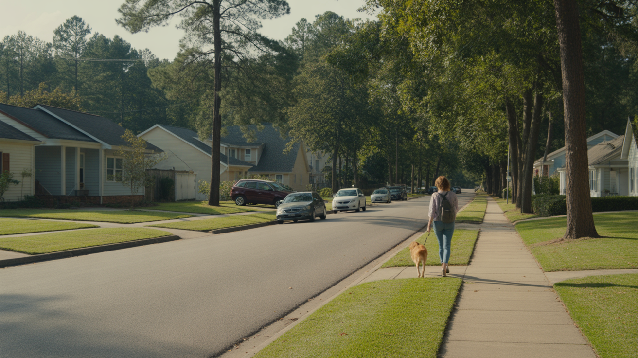 A woman walks her dog down a quiet residential street lined with single-family homes in Holly Springs, NC.