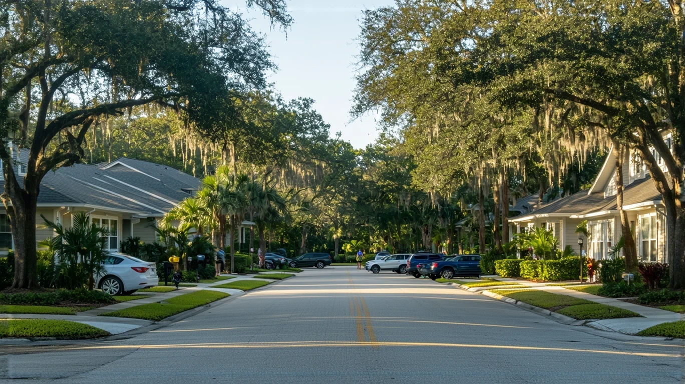 A peaceful suburban street in Apopka, Florida with craftsman-style homes and tidy landscaping on a sunny day.