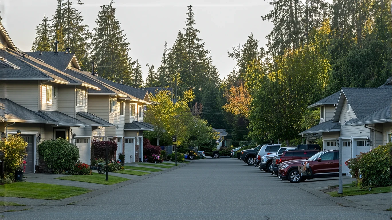 A suburban street in Bothell, WA with craftsman homes and parked cars on a sunny day