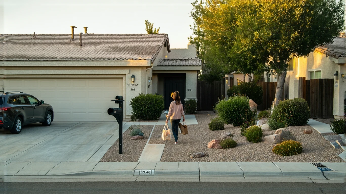 A woman carrying groceries from her car to the front door of a craftsman-style home in Summerlin South, Nevada.