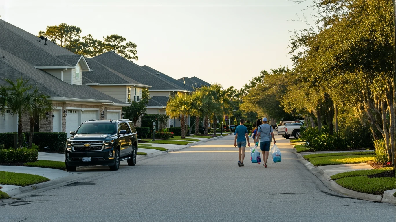 A couple carrying groceries walks down a suburban street lined with modest stucco homes in St Cloud, Florida.