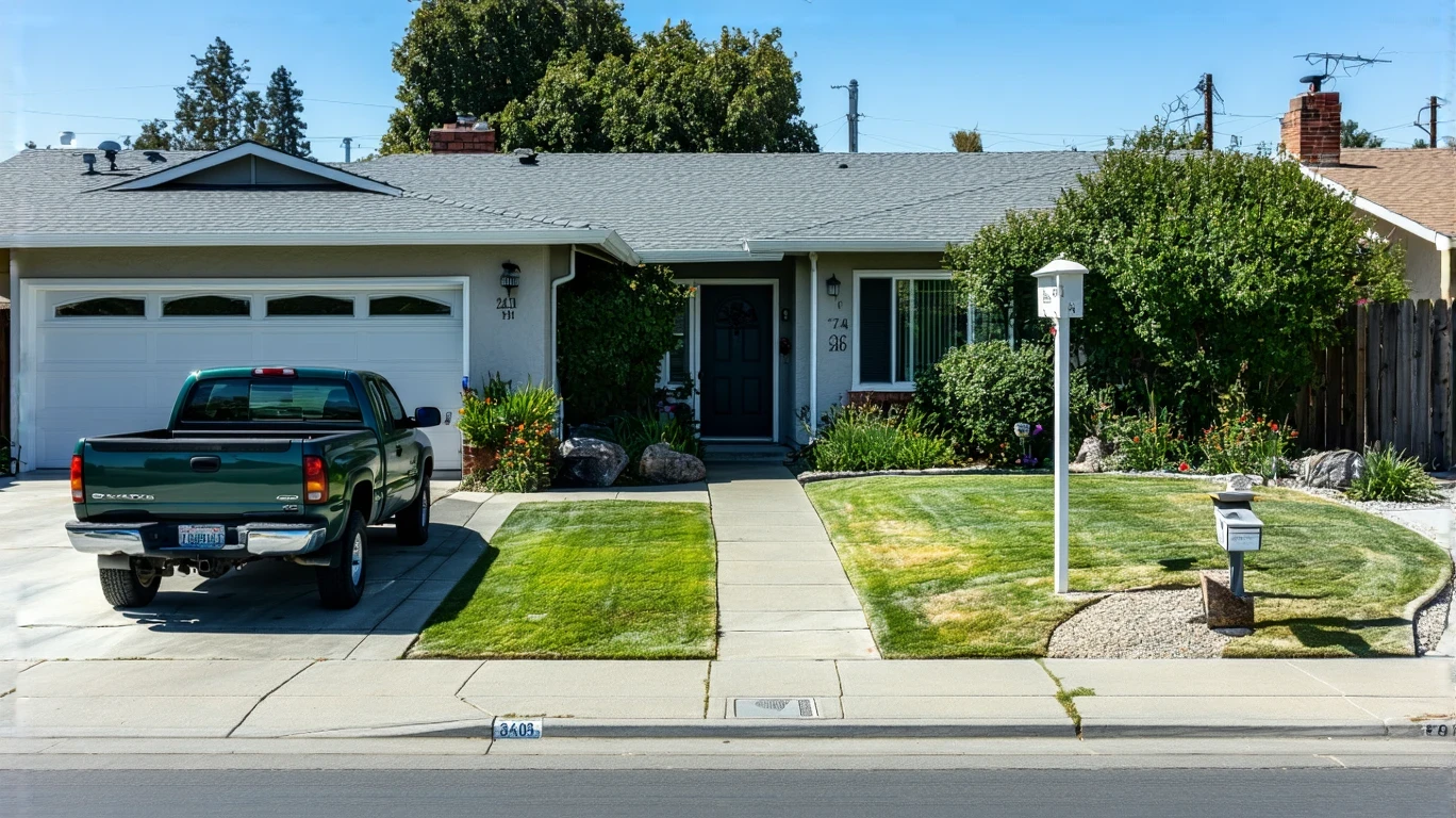 Front yard of a modest Poway home with a concrete driveway, some plants, and a parked car.