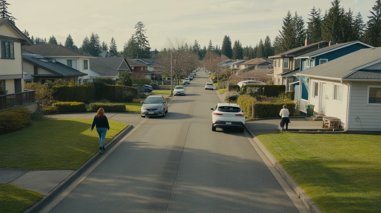 A quiet, tree-lined residential street in Bellevue, WA with modern single-family homes, parked cars, and a couple people visible.