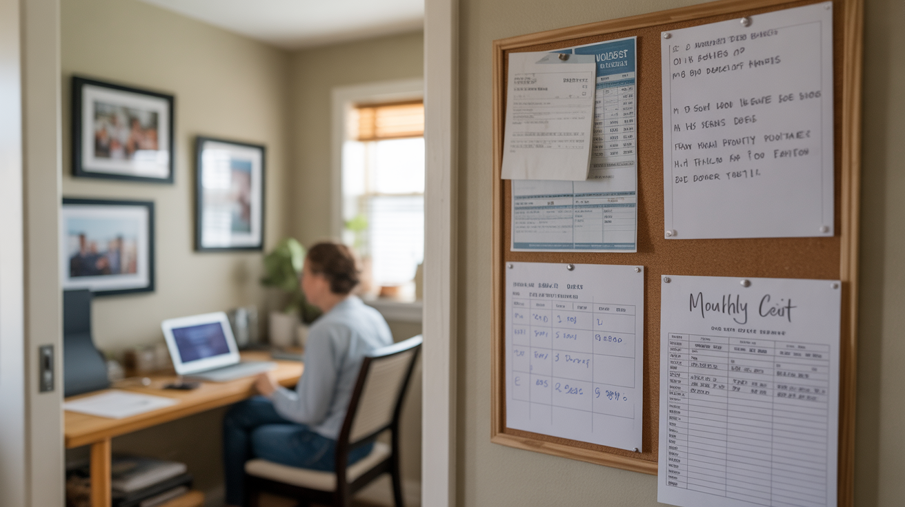 A corkboard with utility bills and budget notes in a Boulder City home office nook.