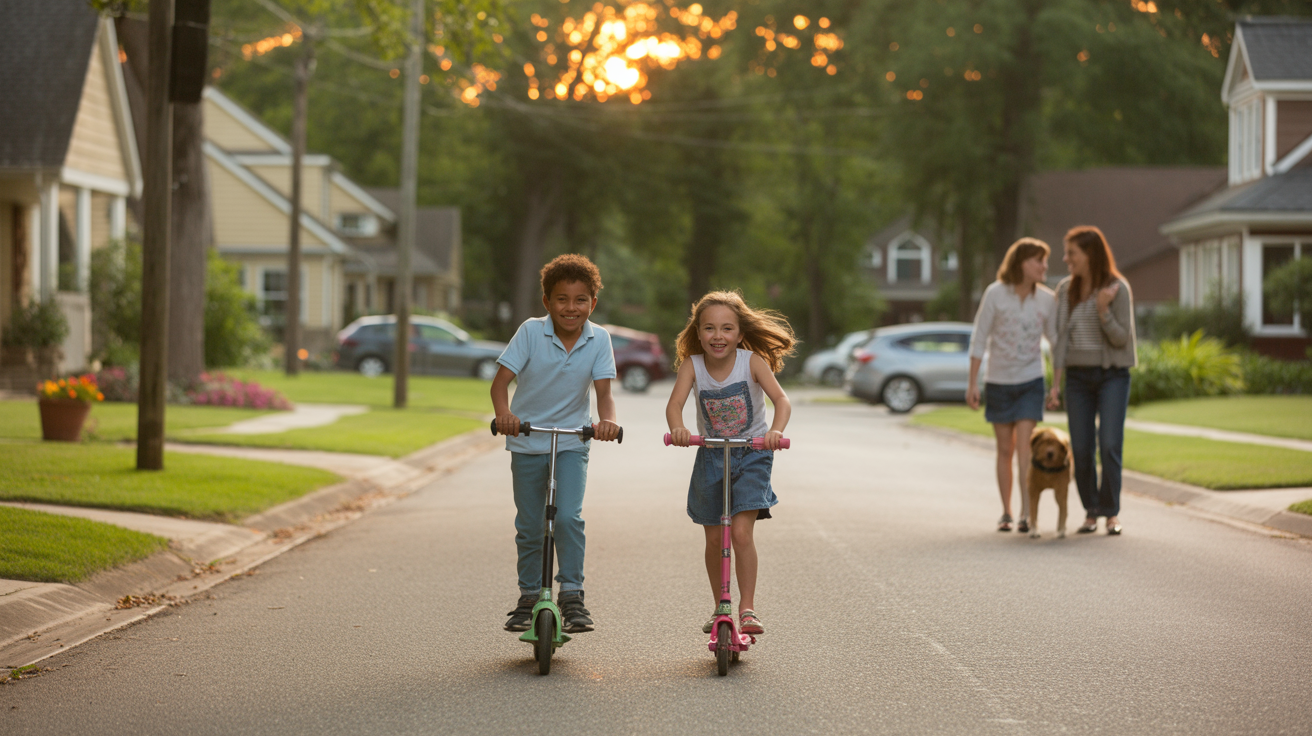 Two kids riding scooters on a quiet suburban street in Matthews, NC at sunset