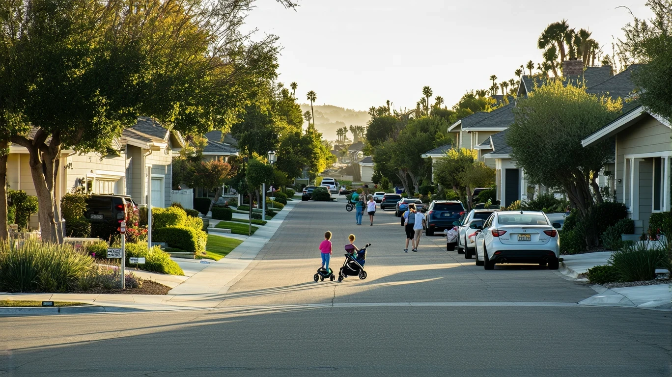 Residential street in Carlsbad, California with modern homes, xeriscape yards, and a young family walking on the sidewalk.