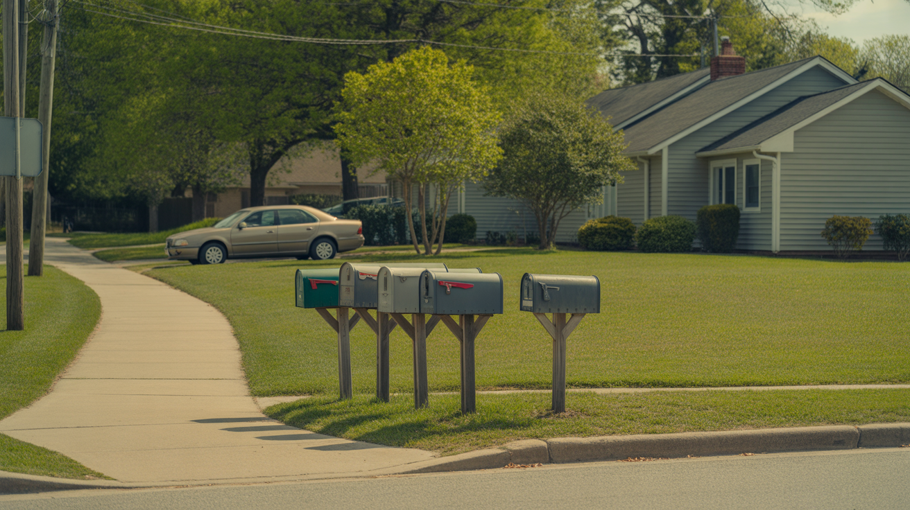 A sunlit suburban sidewalk in Garner, NC with a row of gray metal mailboxes in front of a modest ranch house with a sedan parked in the driveway.