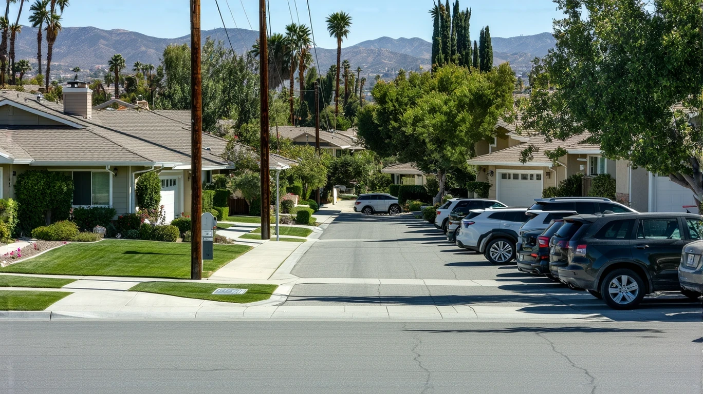 A sunny residential street in Poway, California lined with modern single-family homes and parked cars.