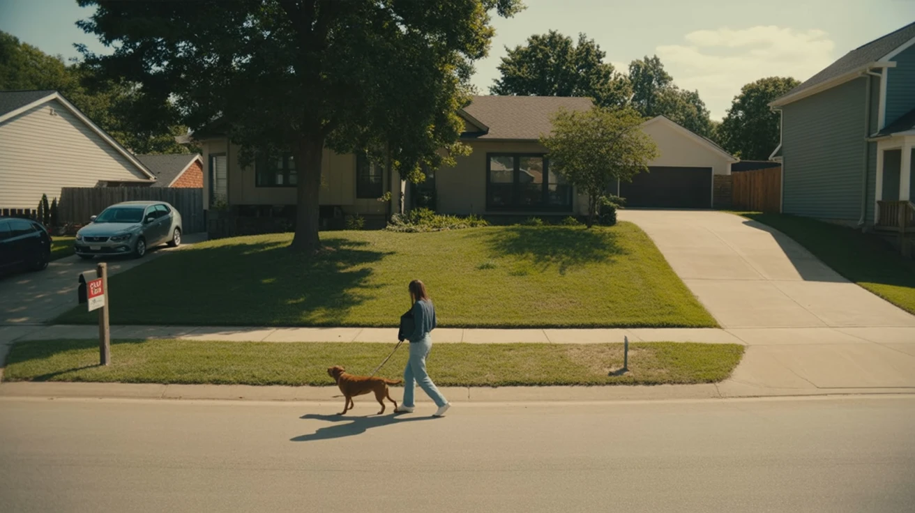 Front yard of a suburban home in Gallatin, TN with a person walking their dog on the sidewalk