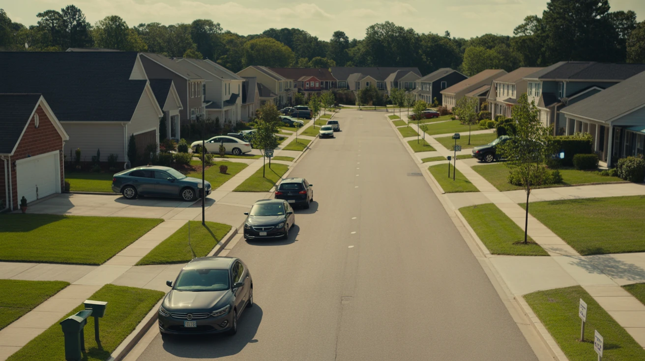 A sunny residential street in Spring Hill, Tennessee lined with modern, well-kept suburban homes and landscaped yards.