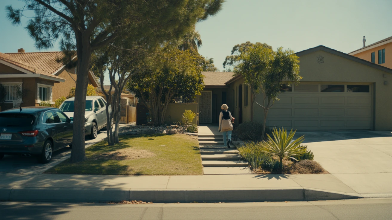 Front yard of a modest suburban home in El Cajon with drought-tolerant landscaping and a person in the background.