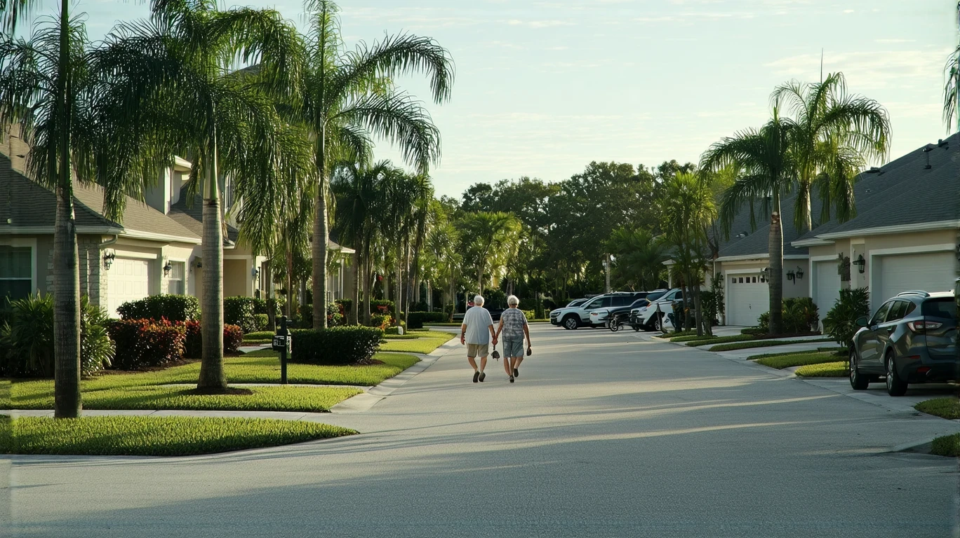 A senior couple walks down a quiet suburban street lined with modest Florida-style homes and palm trees on a sunny day in Lakeland.