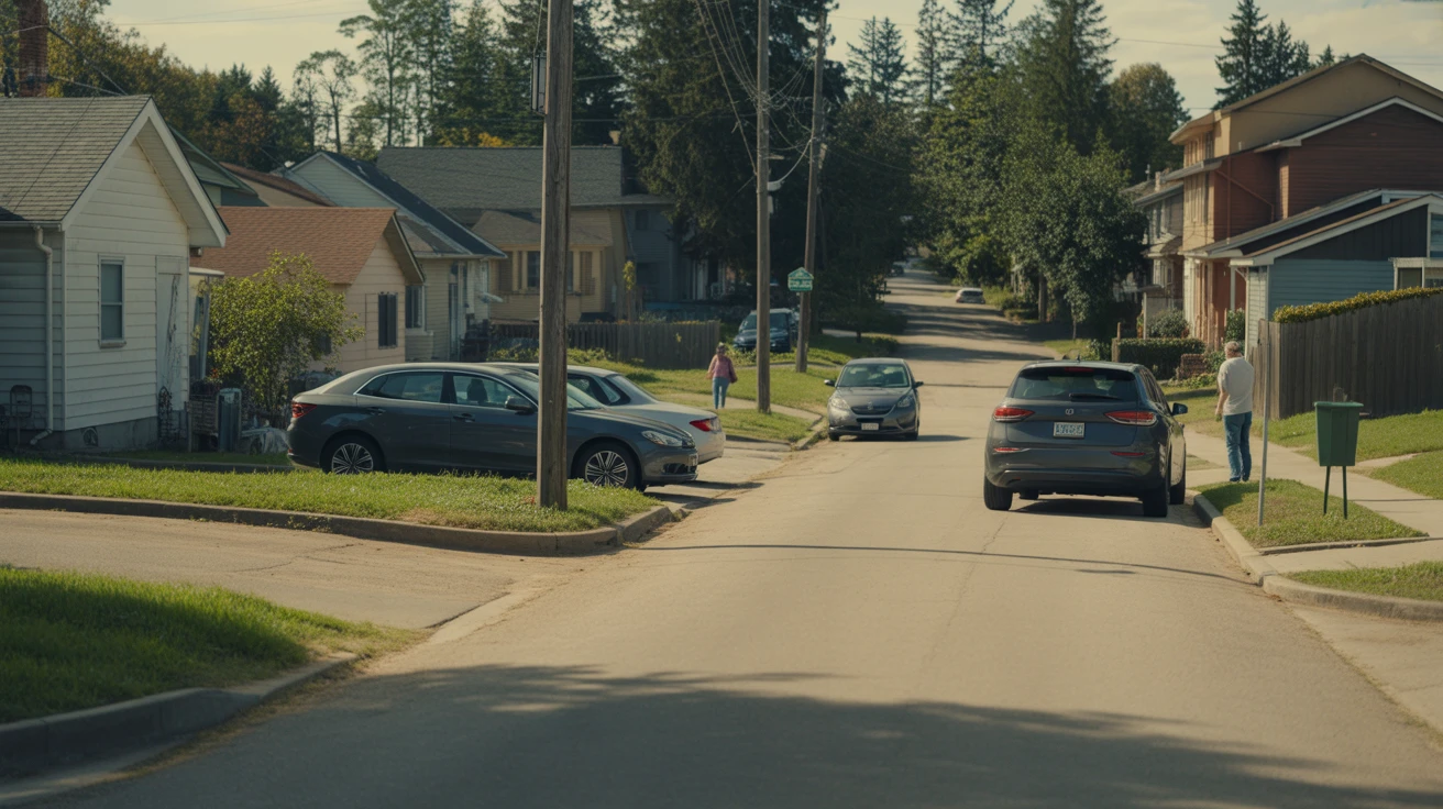 A sunny residential street in Gallatin, TN with a few modest homes, parked cars, and a person walking in the distance.