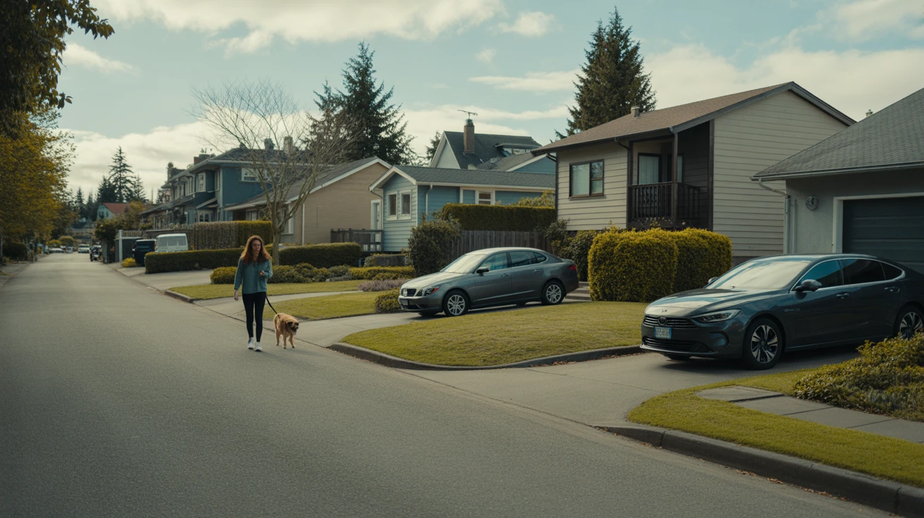 A residential street in Seattle with modern homes, parked cars, and a woman walking her dog on the sidewalk.