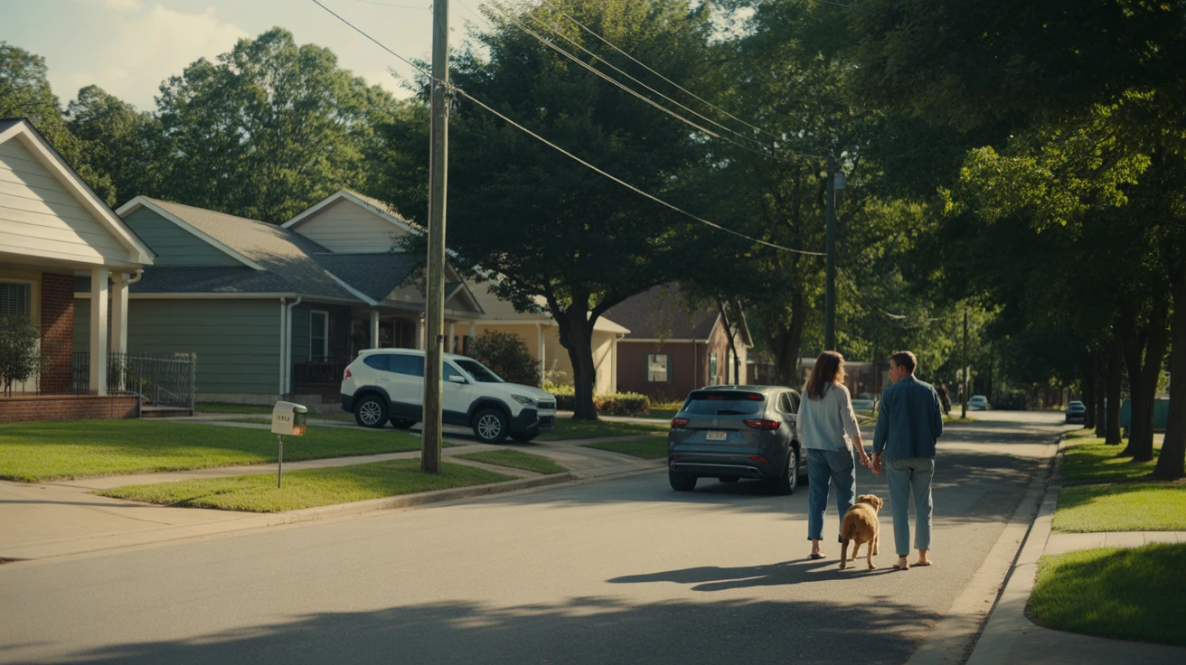 A sunny residential street in Spring Hill, TN with modern homes, a couple walking their dog, and an SUV parked in a driveway.