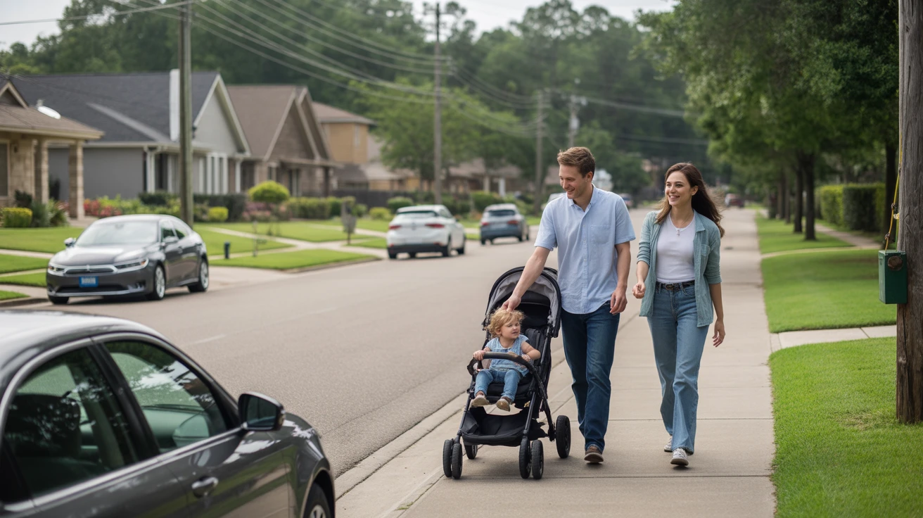 A young family walks along a quiet residential street lined with modern homes and parked cars in Cypress, Texas.