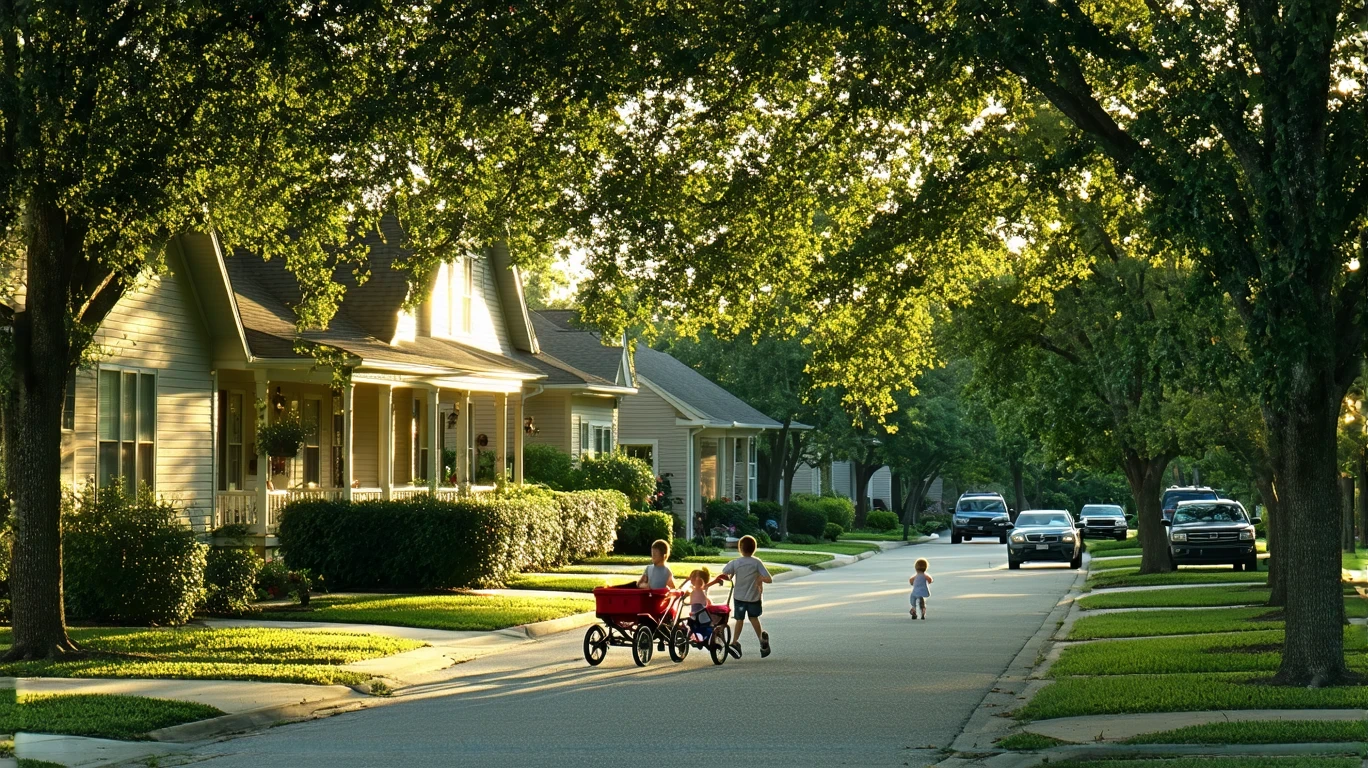 A father pulls his daughter in a red wagon on a sidewalk curving past oak trees and homes in Apopka, Florida