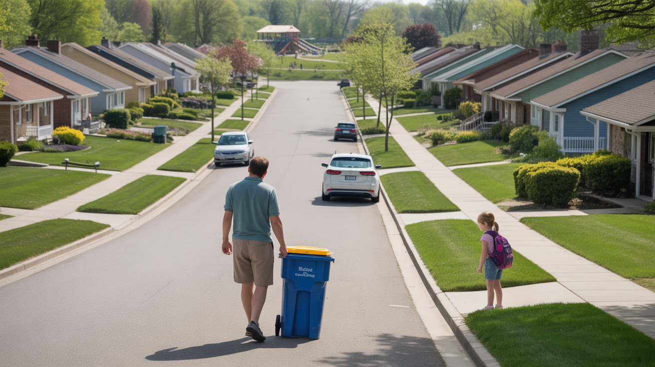 Aerial view of a man rolling a recycling bin to the curb in a suburban Schaumburg neighborhood while his daughter waits nearby