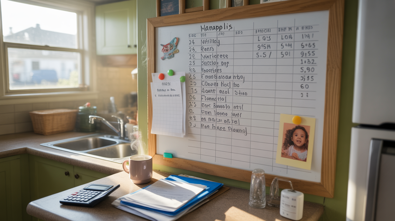 A whiteboard with a handwritten monthly budget hangs on the wall in a sunlit kitchen in a Kannapolis home.